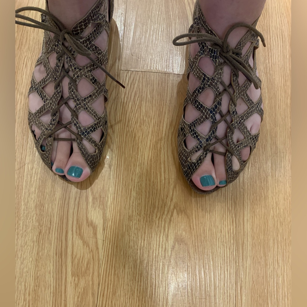 Office London, lace up, brown snake skin print, leather sandals.